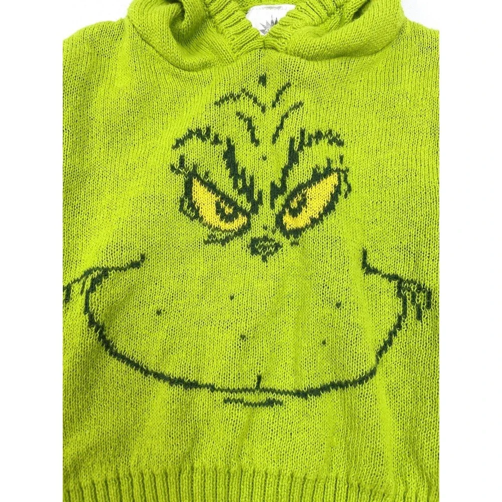 Baby 12 Months Knit Green Grinch Face Sweater Hood‎ Christmas